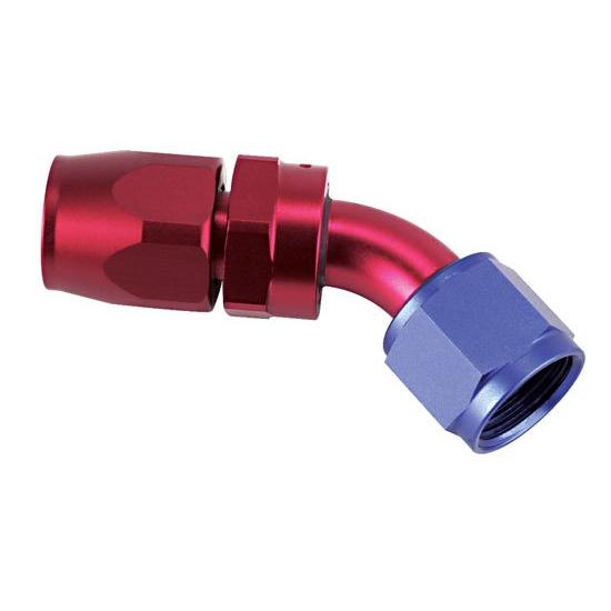 Full Flow Swivel Hose End Fitting, 45 Degree, Red/Blue, -6 AN